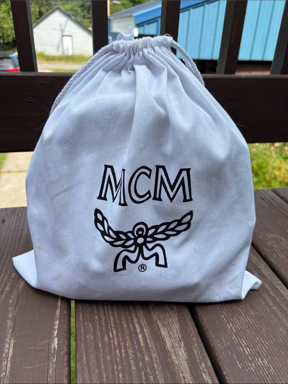 MCM White Visetos Mini Backpack with Black Logo Print and Silver Hardware